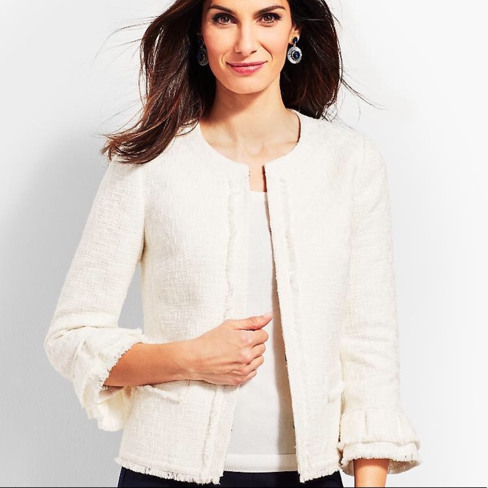 Talbots White Tweed Ruffle Sleeve Jacket Size 14